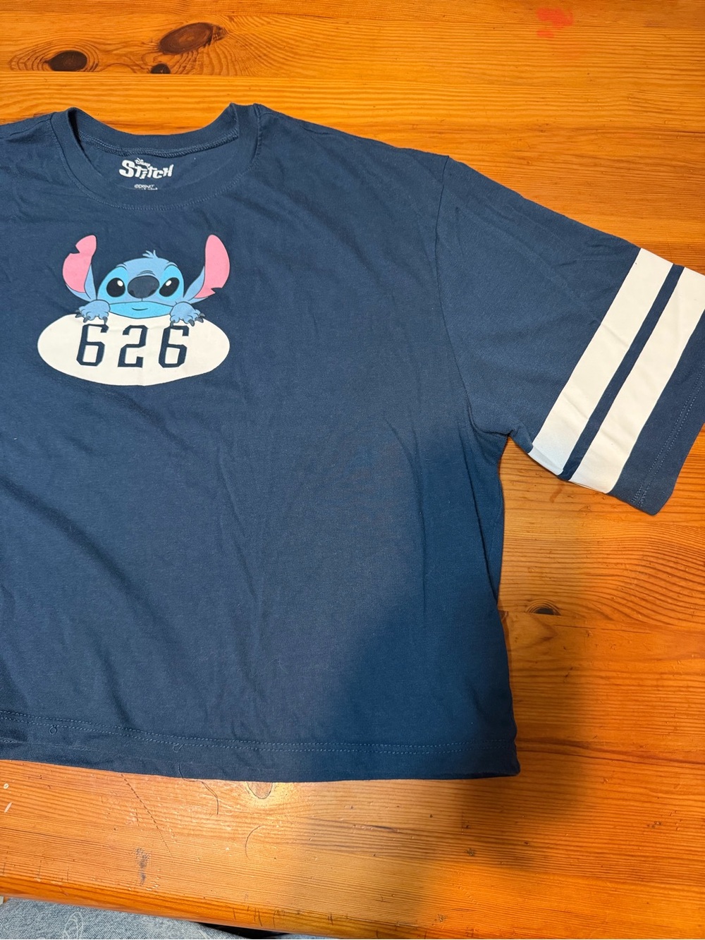 Disney Navy Blue Stitch 626 Short Sleeve Tee with White Sleeve Stripes